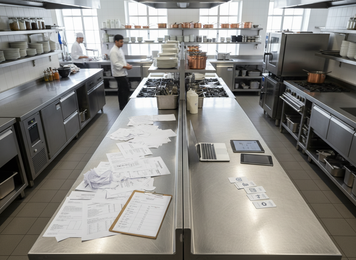 An overhead view of a long stainless steel prep table in a bright restaurant kitchen, divided visually into two sides: one side cluttered with scattered invoices, printed contracts, and analog checklists, and the other side orderly with a single slim laptop, a tablet, and a small stack of simplified, icon-based cards hinting at consolidated subscriptions. The kitchen around the table is spotless, featuring professional equipment, open shelving with neatly grouped cookware, and subtle hints of a busy yet controlled environment. Diffused daylight from high windows softens the scene, reducing harsh reflections. The atmosphere is transformative and optimistic. The composition emphasizes contrast and clarity, photographed with sharp focus across the entire frame to clearly separate the “before” and “after” operational states.
